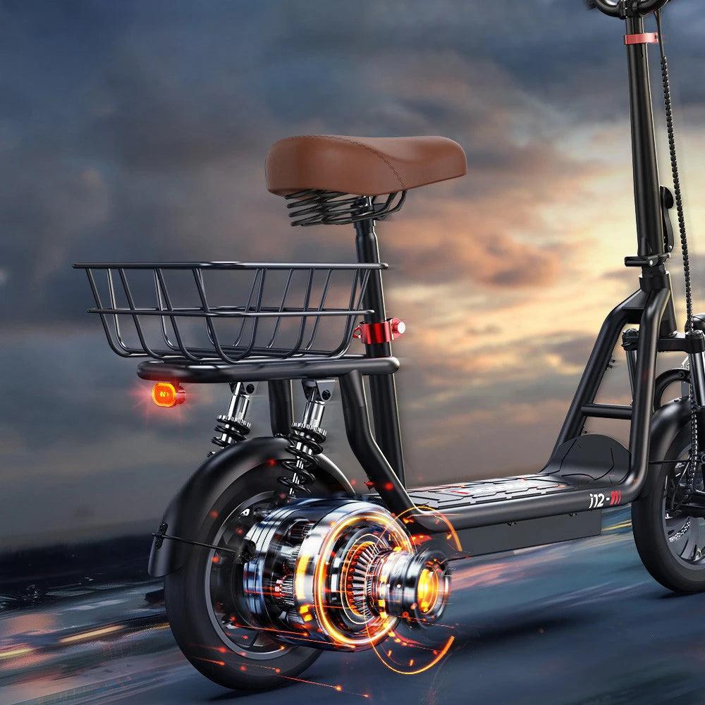 iScooter i12 Electric Scooter with Seat & Rear Basket, 500W Motor, 36V 7.5Ah Battery, 12-inch Pneumatic Tire, 25km/h Max Speed, 35km Max Range, Dual Disc Brakes, Dual Shock Absorption