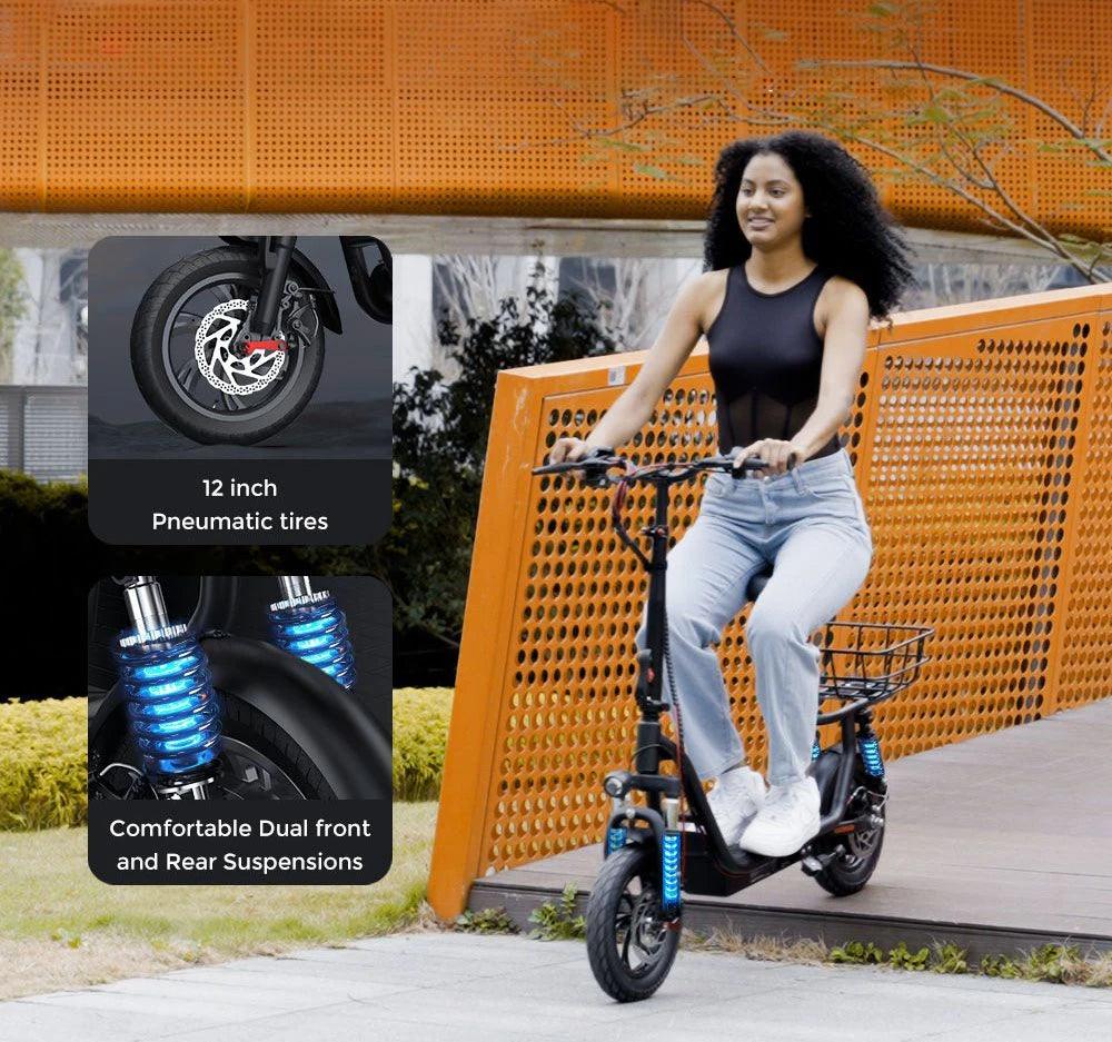 iScooter i12 Electric Scooter with Seat & Rear Basket, 500W Motor, 36V 7.5Ah Battery, 12-inch Pneumatic Tire, 25km/h Max Speed, 35km Max Range, Dual Disc Brakes, Dual Shock Absorption