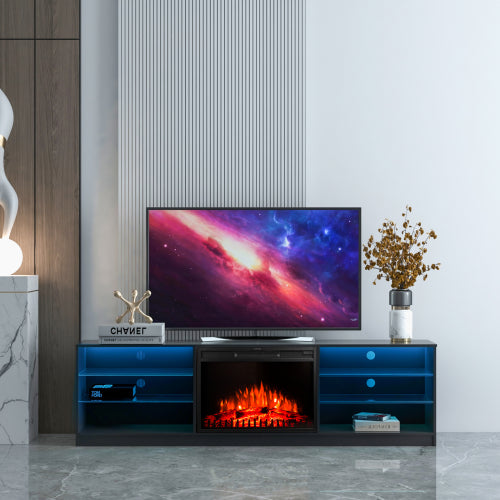 Sesslife 78" Fireplace TV Stand for TVs up to 80", Entertainment Center with 6 Open Shelves, TV Console with Electric Fireplace, TV Table for Living Room,Bedroom,Office, Black