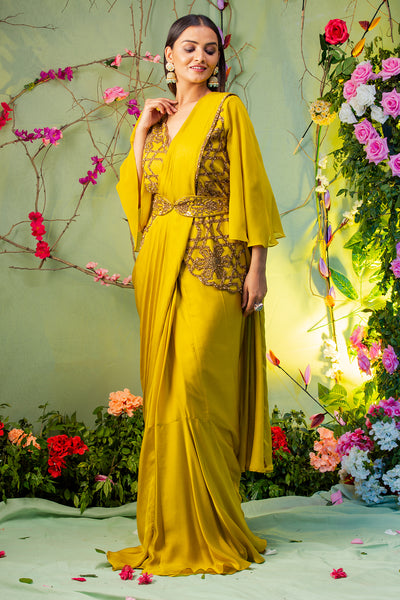 Purple Georgette & Silk Draped Saree Set Design by Miku Kumar at