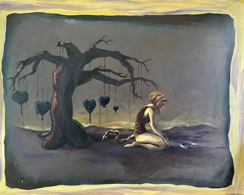 Painting of dark tree with girl kneeling underneath looking at a collar on a chain
