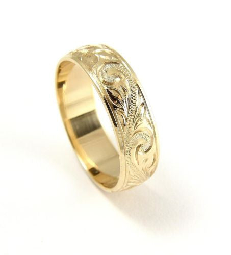 14K YELLOW GOLD HAND ENGRAVED HAWAIIAN PLUMERIA SCROLL BAND RING SMOOT ...