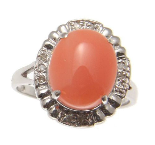 GENUINE NATURAL OVAL CABOCHON PINK CORAL DIAMOND RING IN SOLID 14K WHI ...