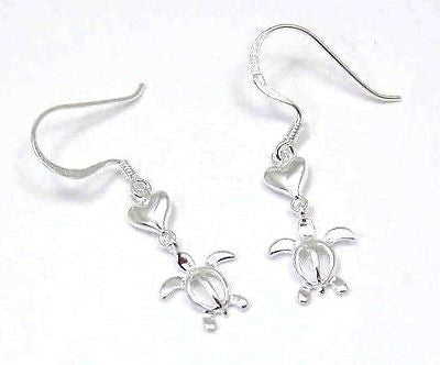 STERLING SILVER 925 HEART DANGLING HAWAIIAN HONU TURTLE WIRE HOOK EARR ...