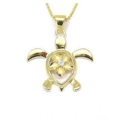 YELLOW GOLD SILVER 925 HAWAIIAN HONU TURTLE PLUMERIA FLOWER PENDANT CZ ...