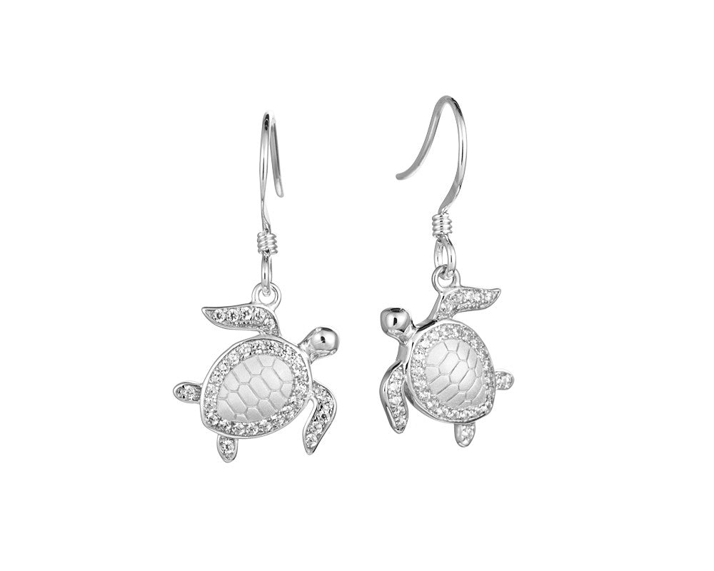 SOLID 925 STERLING SILVER HAWAIIAN SEA TURTLE HONU HOOK EARRINGS CZ RH ...