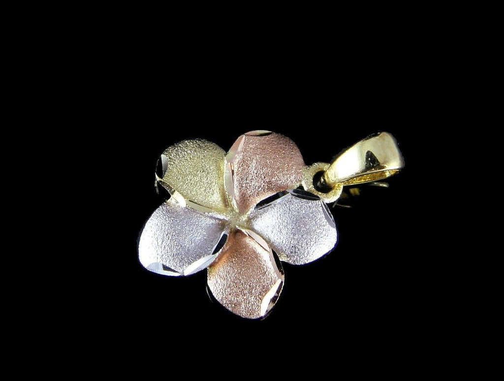 13MM SOLID 14K YELLOW ROSE WHITE TRICOLOR GOLD HAWAIIAN PLUMERIA FLOWE ...