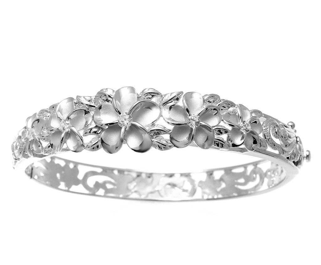 STERLING SILVER 925 HAWAIIAN FANCY PLUMERIA FLOWER MAILE BANGLE BRACEL ...