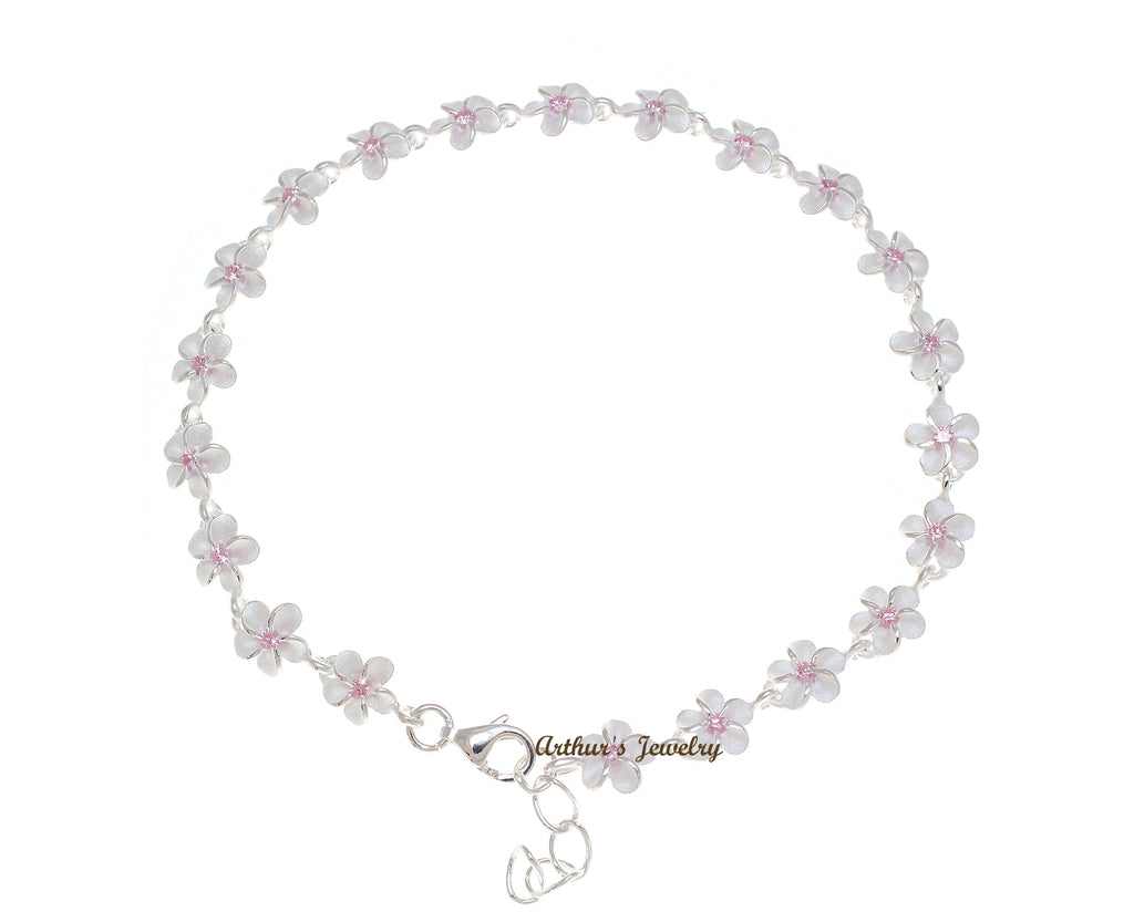 925 STERLING SILVER HAWAIIAN PLUMERIA FLOWER LINK BRACELET PINK CZ 6MM ...