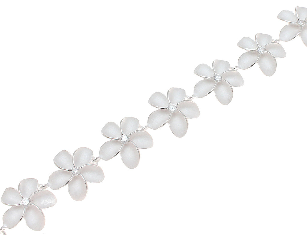 STERLING SILVER 925 HAWAIIAN PLUMERIA FLOWER LINK BRACELET CZ 15MM 7 ...