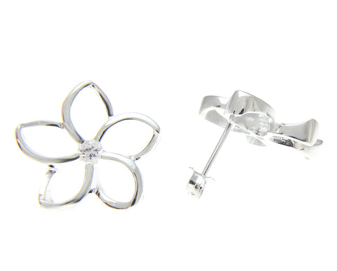 925 Silver Hawaiian Floating Outline Plumeria Flower Post Earrings CZ 8-18mm