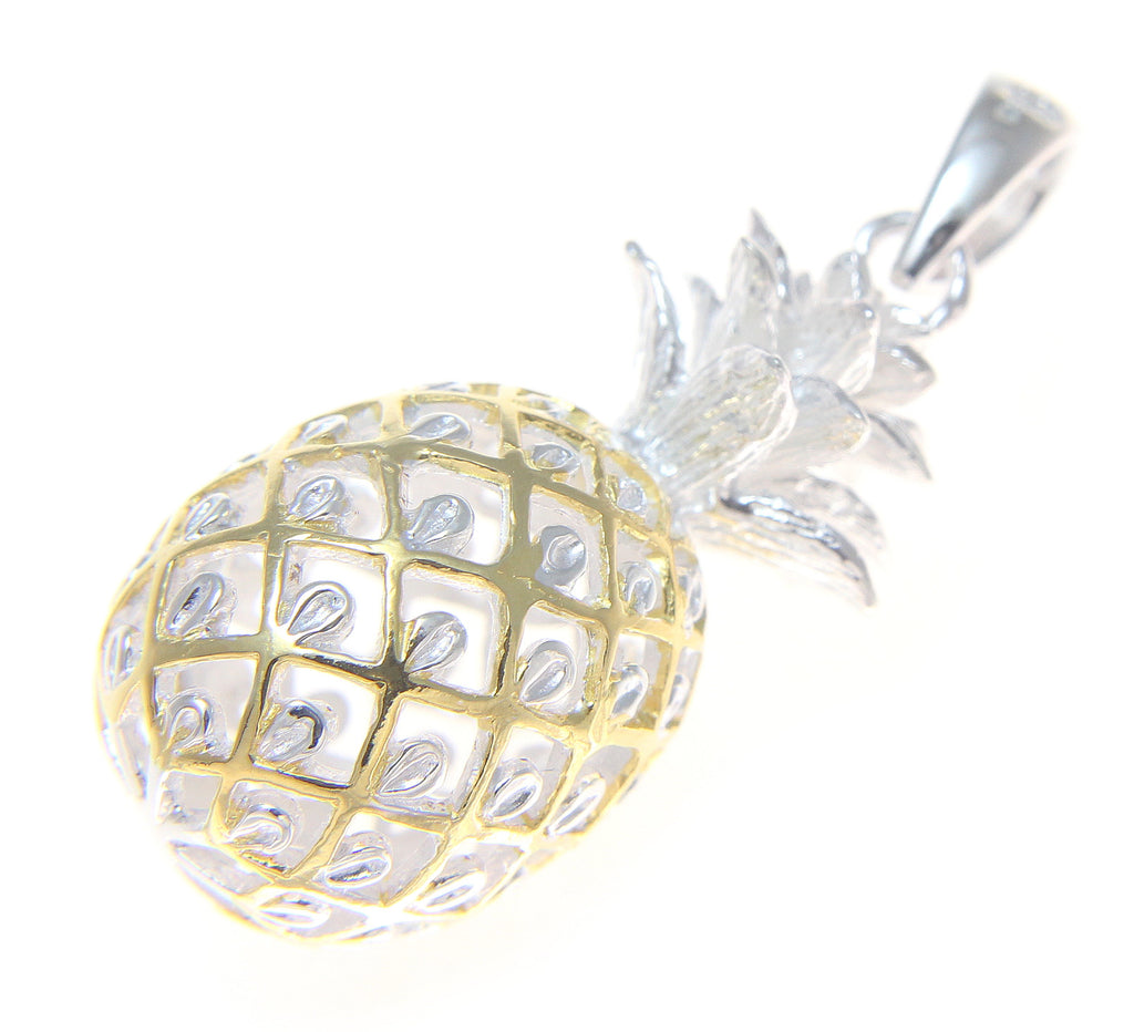 STERLING SILVER 925 EXTRA LARGE HAWAIIAN 3D PINEAPPLE PENDANT 2 TONE Y
