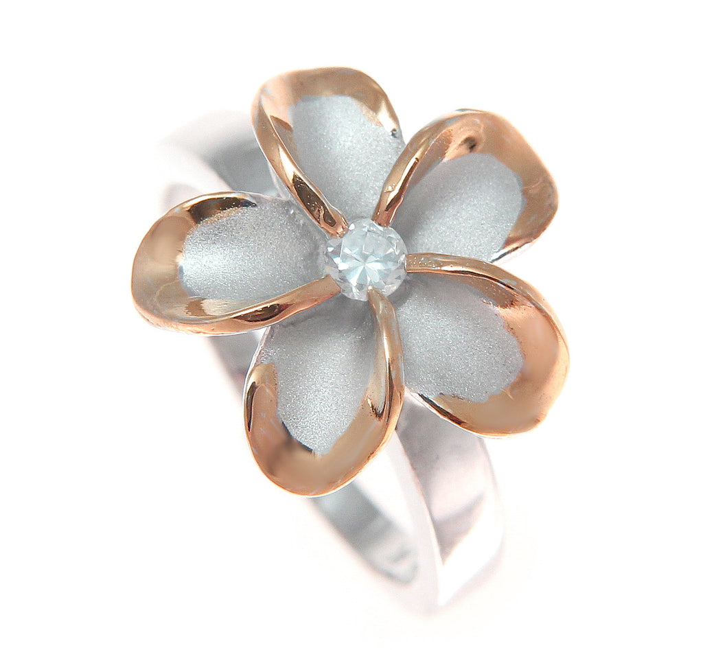 SILVER 925 HAWAIIAN PLUMERIA FLOWER RING 15MM CZ RHODIUM PINK ROSE GOLD ...