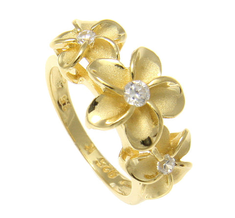 YELLOW GOLD PLATED STERLING SILVER 925 HAWAIIAN 3 PLUMERIA FLOWER RING ...