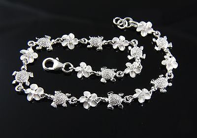 STERLING SILVER 925 HAWAIIAN BABY SEA TURTLE 6MM PLUMERIA FLOWER LINK ...