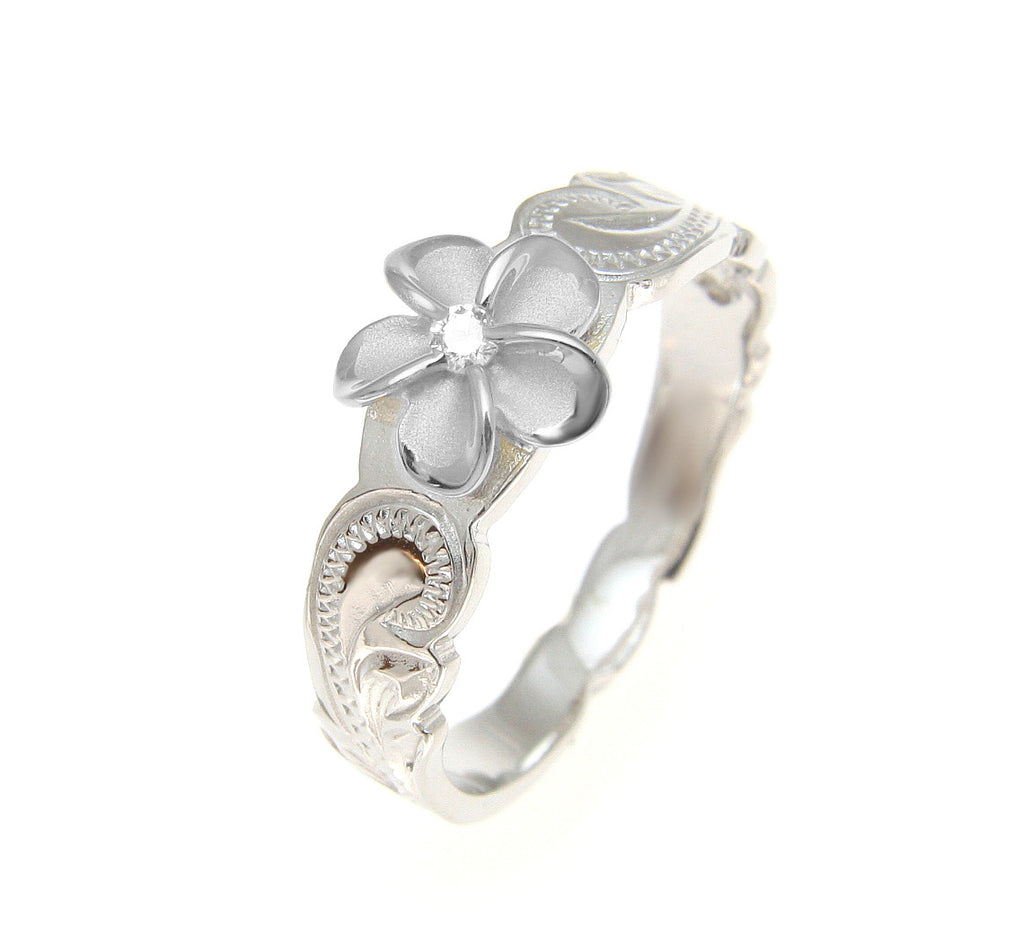 925 Sterling Silver Hawaiian Scroll Rhodium CZ Plumeria Flower Ring Si ...