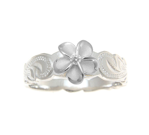 925 Sterling Silver Hawaiian Scroll Rhodium CZ Plumeria Flower Ring Si ...