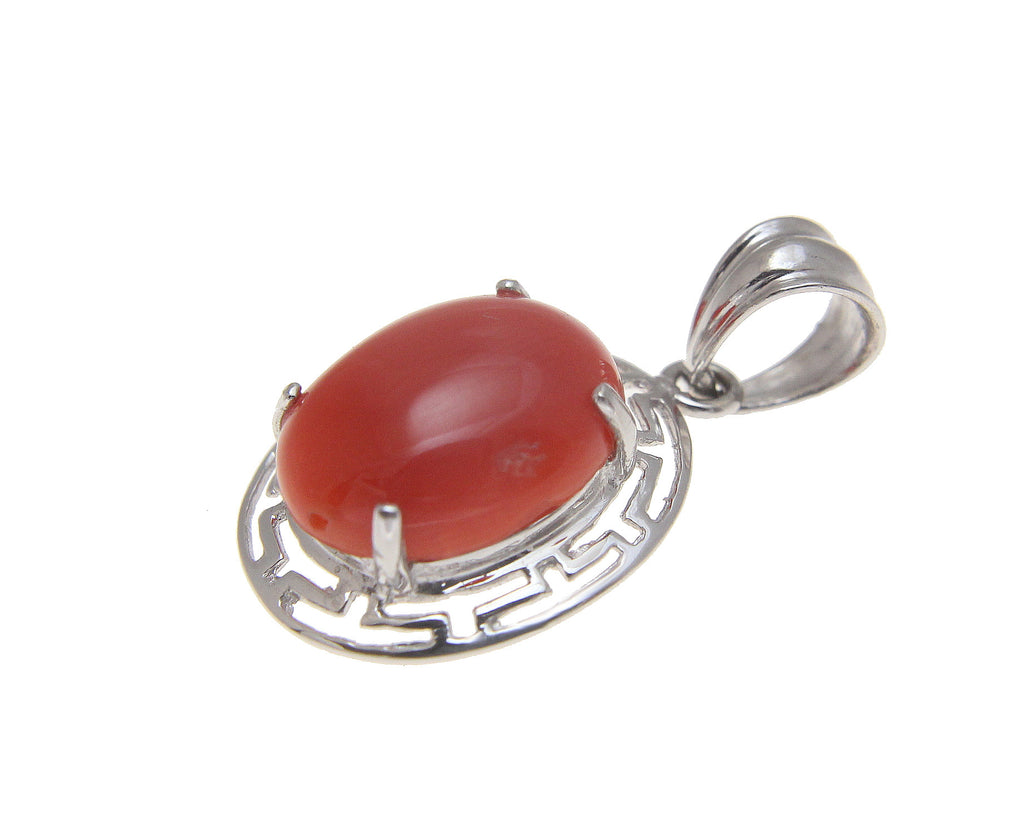 GENUINE NATURAL OVAL CABOCHON DEEP PINK CORAL PENDANT SOLID 14K WHITE ...
