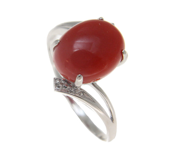 GENUINE NATURAL OVAL CABOCHON RED CORAL DIAMOND RING SET IN SOLID 14K ...