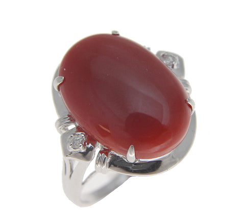 GENUINE NATURAL OVAL CABOCHON RED CORAL DIAMOND RING SOLID 14K WHITE G ...