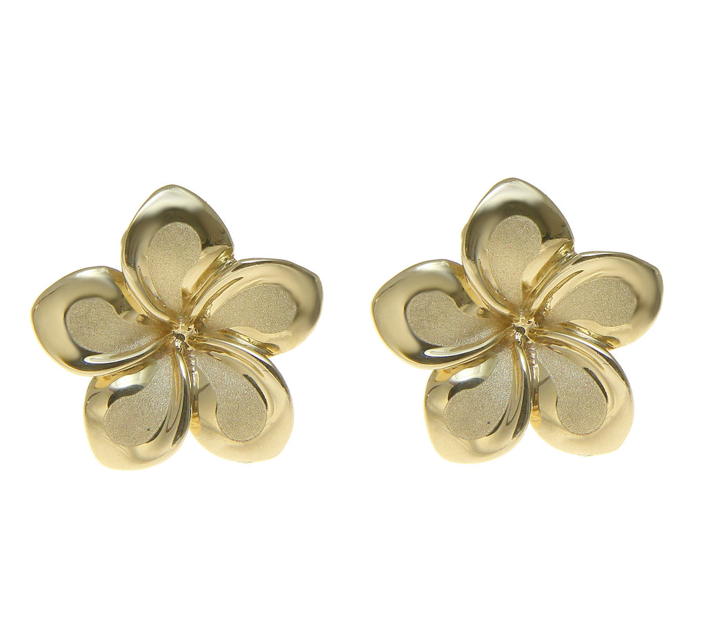 13MM SOLID 14K YELLOW GOLD HAWAIIAN FANCY PLUMERIA FLOWER STUD POST EA ...