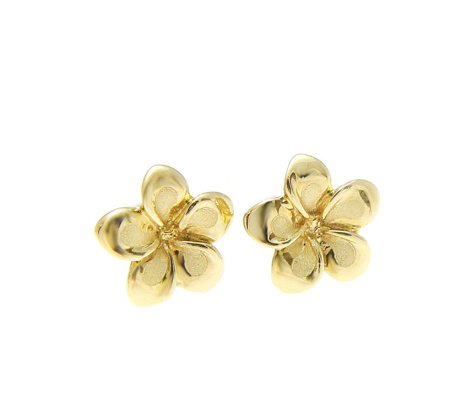 7MM SOLID 14K YELLOW GOLD HAWAIIAN FANCY PLUMERIA FLOWER STUD EARRINGS ...