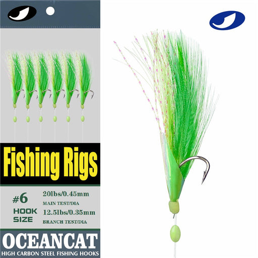 Gif8 Fluorocarbon Bait Rigs - 8 (Size 6) with White Feather & Green Heads Single