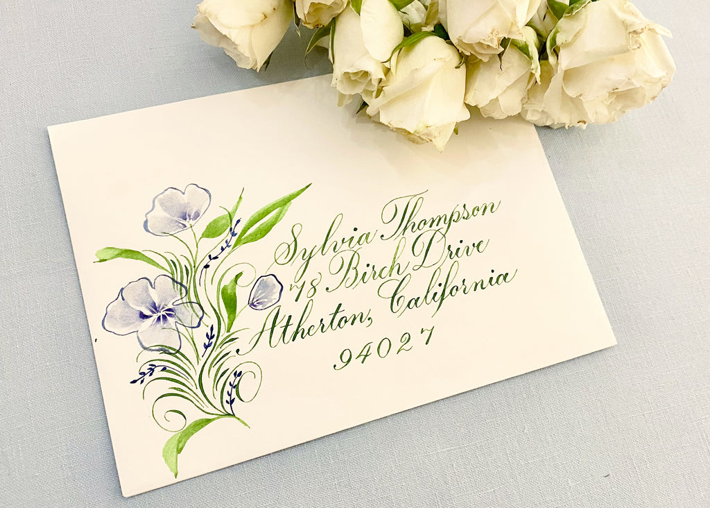 Allison Costlow Connecticut, New York City and Westchester Calligrapher & Engraver CreamEnvelopeCopperplateWedgeBrushBlueFlowerGreenLEafCalligraphyEnvelopeDetail