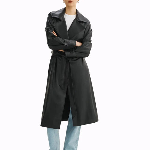 Women Black Leather Trench Long Oversized Coat
