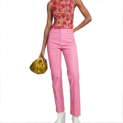 Ladies High-Rise Pink Leather Trousers Pants