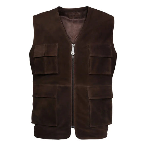 Halloween Elegant Dark Brown Suede Leather Multi-Pockets Vest