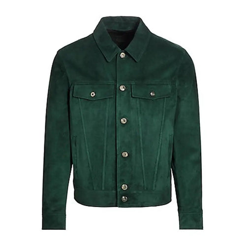 Men Suede Leather Jacket in Dark Green