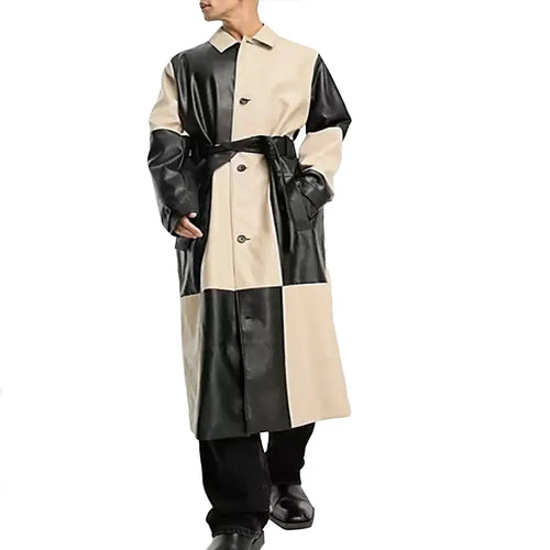 Checks Style Men Leather Trench Coat