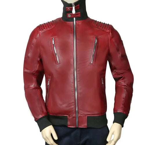 Turtle Ribbed Collar Red Genuine Bomber Gothic Leather Jacket