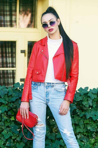 Leather red jacket with distressed denim