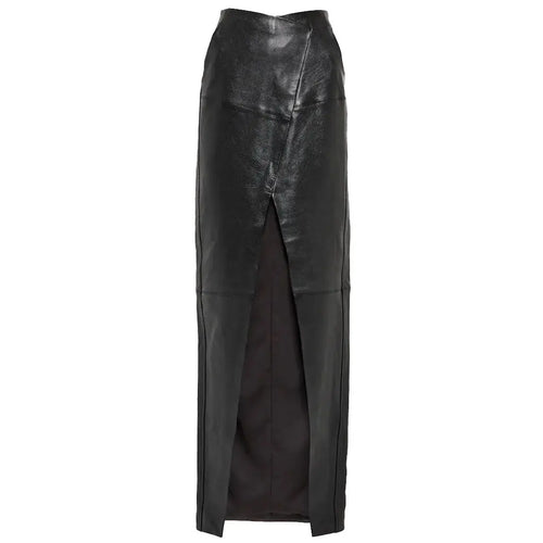 Front Slit Black Maxi Leather Skirt