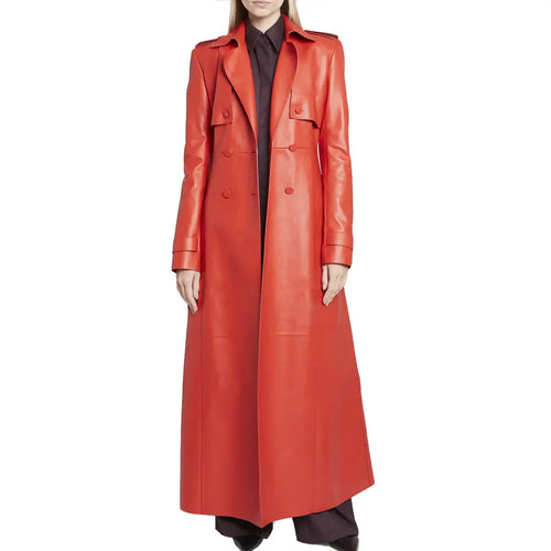 Ladies Red Belted Leather Trench Coat