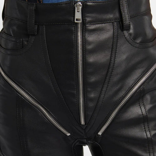 Black Zipped High-Waisted Biker Leather Jeans For Ladies