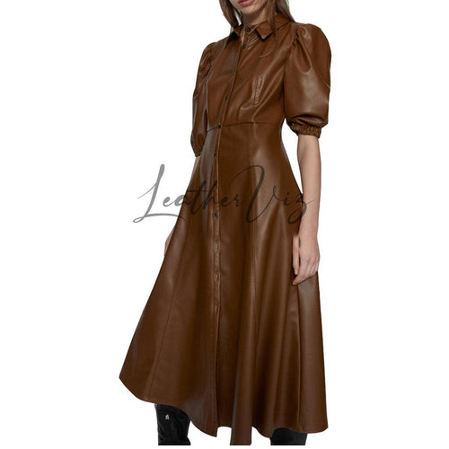 BROWN LEATHER SHIRT STYLE MIDI DRESS FOR WOMEN