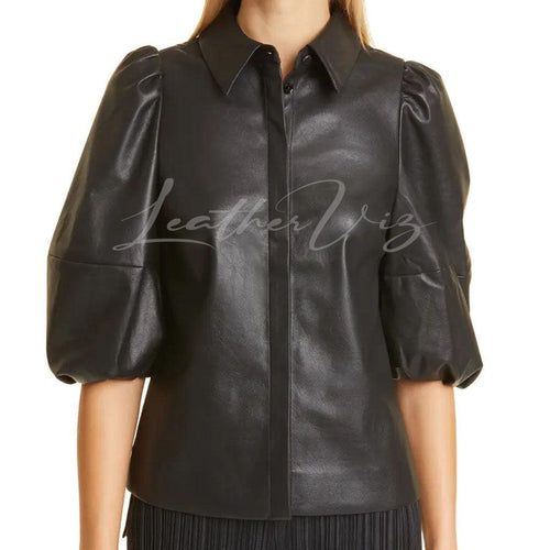 BALLOON SLEEVE SHIRT WOMEN LEATHER BLOUSE