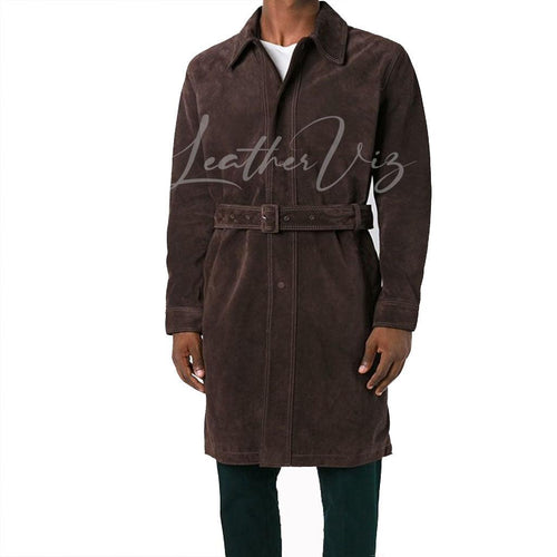 BROWN SUEDE LEATHER TRENCH COAT FOR MEN