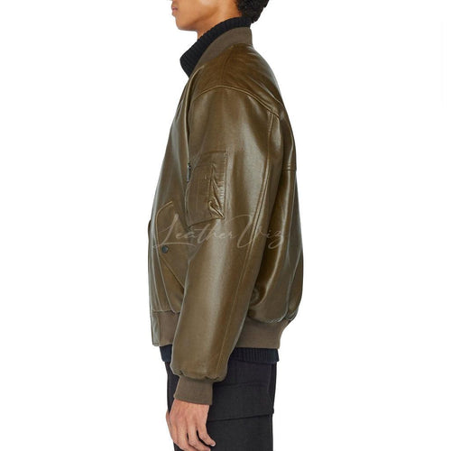 MEN LEATHER BOMBER IN OLIVE GREEN