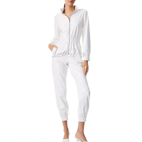 WHITE LEATHER FRONT ZIPPER JUMPSUIT FOR WOMEN