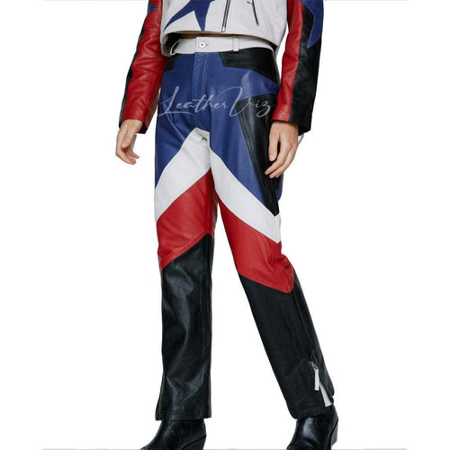 COLORBLOCK STYLE REAL LEATHER STAR STRAIGHT LEG PANTS