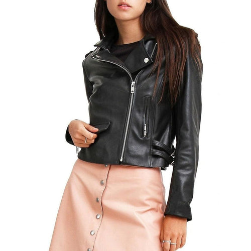 Women Black Leather Cropped Jacket