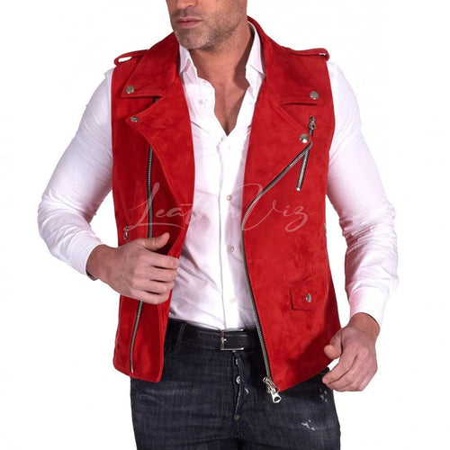 MENS RED SUEDE LEATHER VEST  FOR MEN