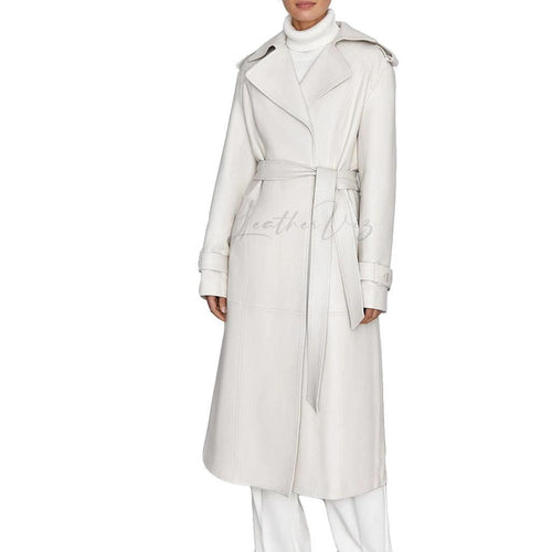 WHITE TRENCH WOMAN LONG LEATHER COAT