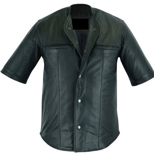 Black Perforated Sheepskin Leather Shirt