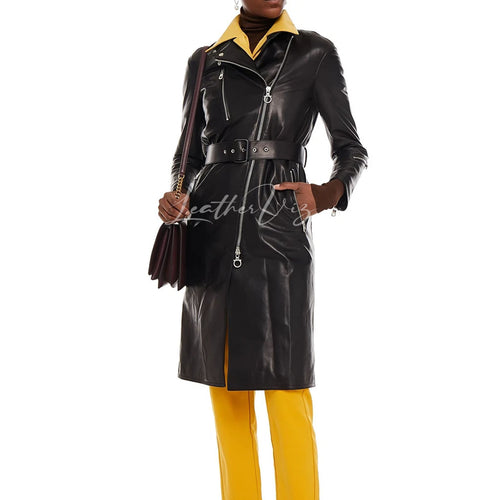BELTED ZIP-DETAILED WOMEN LEATHER TRENCH COAT