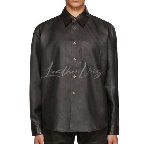 CLASSIC STYLE SPREAD COLLAR MEN LEATHER SHIRT